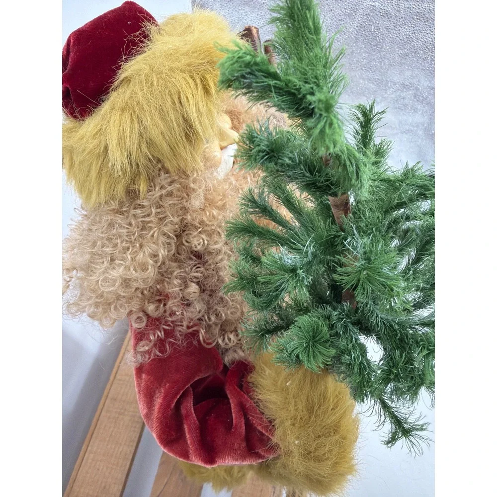 Vintage‎ Style Santa Claus Figurine Red Velvet Green Fur 18 Inch Christmas Decor